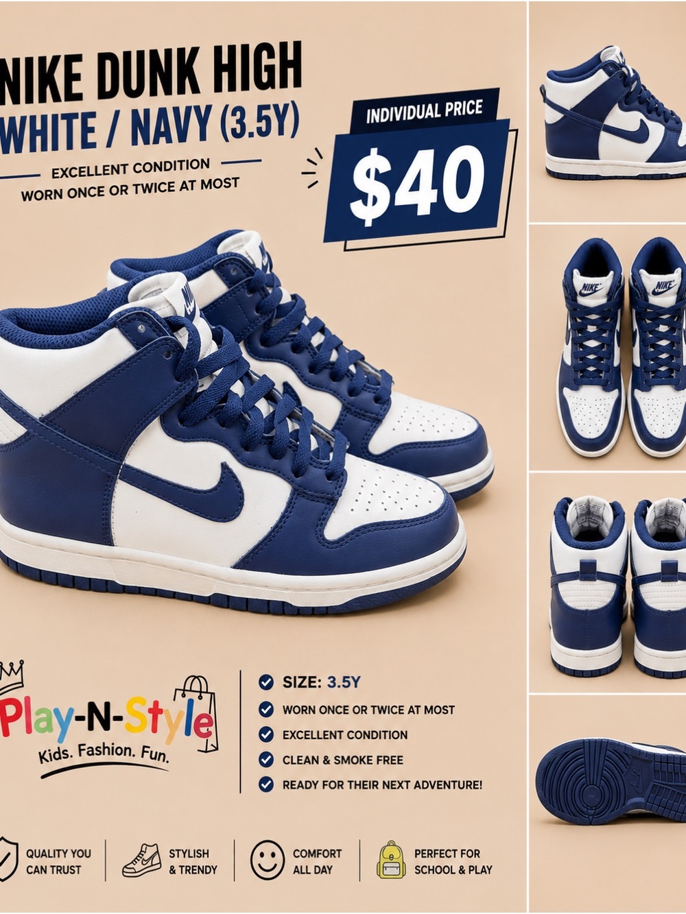 Nike Kids High-Top Dunk Sneakers in White and Navy